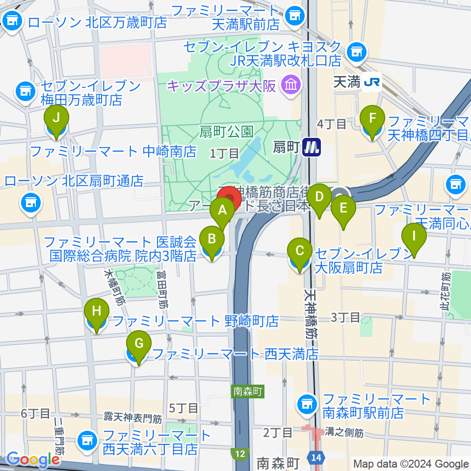 扇町ミュージアムキューブ周辺のコンビニエンスストア一覧地図