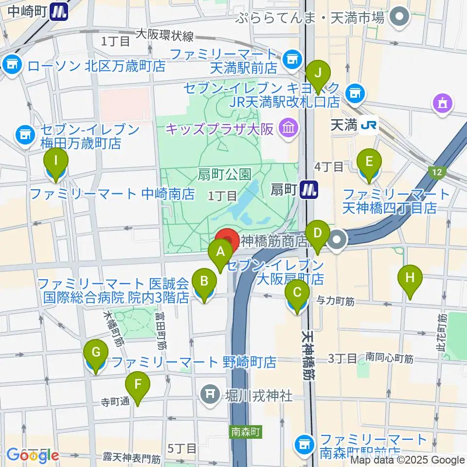 扇町ミュージアムキューブ周辺のコンビニエンスストア一覧地図