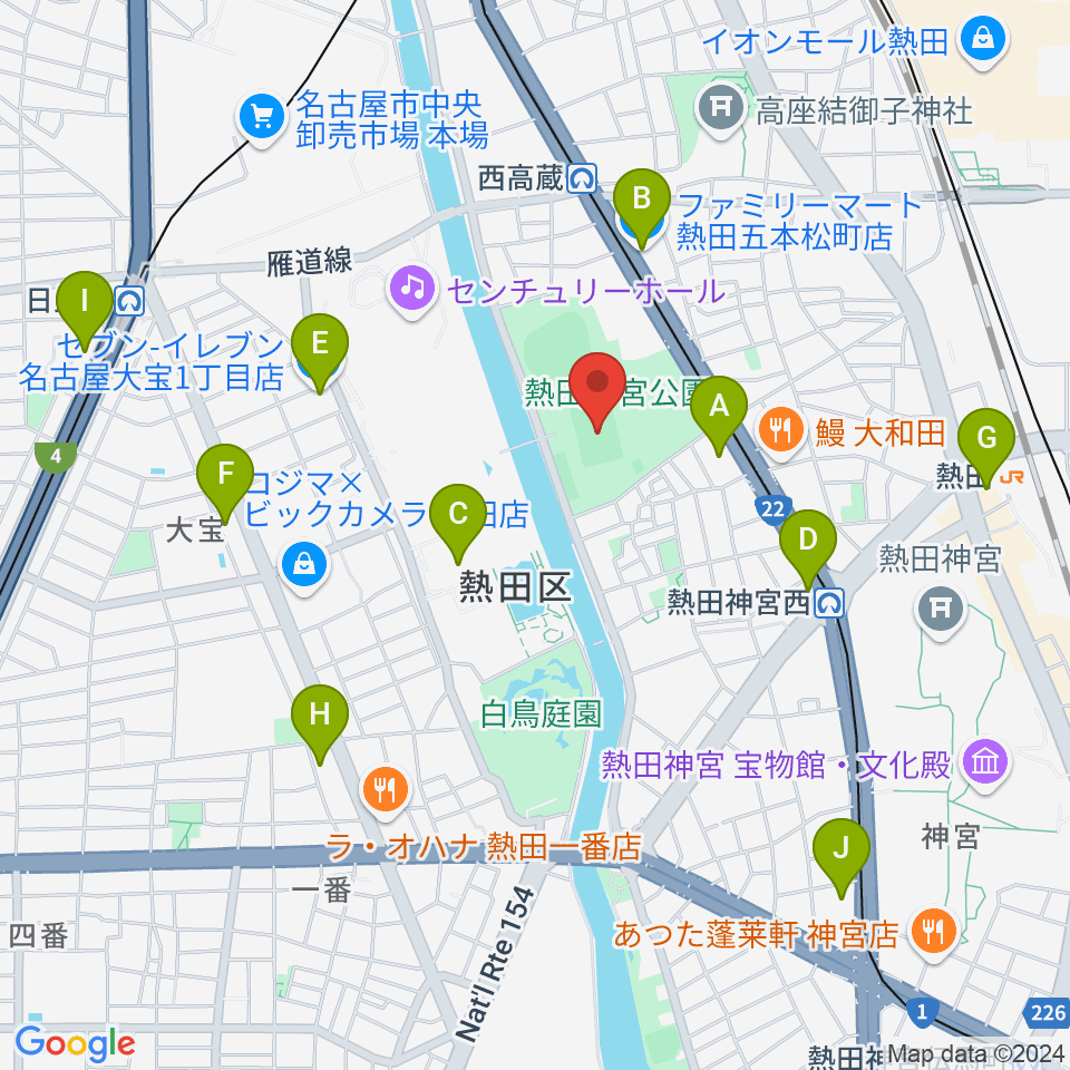 熱田球技場周辺のコンビニエンスストア一覧地図