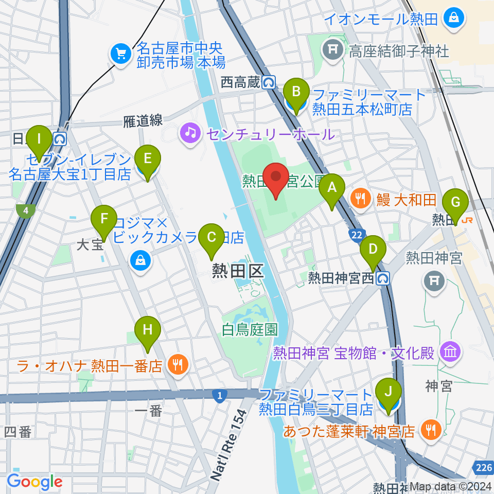 熱田球技場周辺のコンビニエンスストア一覧地図