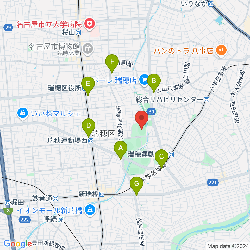 パロマ瑞穂北陸上競技場周辺のコンビニエンスストア一覧地図