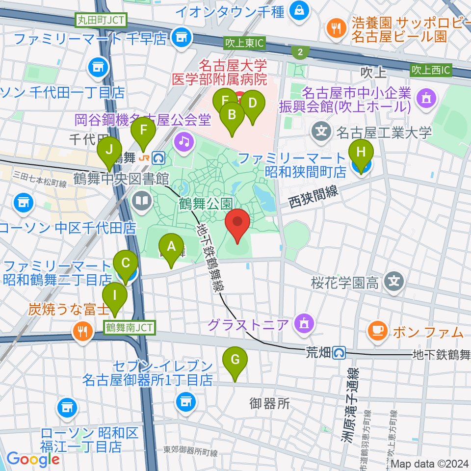 鶴舞公園野球場周辺のコンビニエンスストア一覧地図