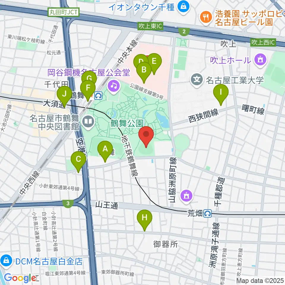 鶴舞公園野球場周辺のコンビニエンスストア一覧地図
