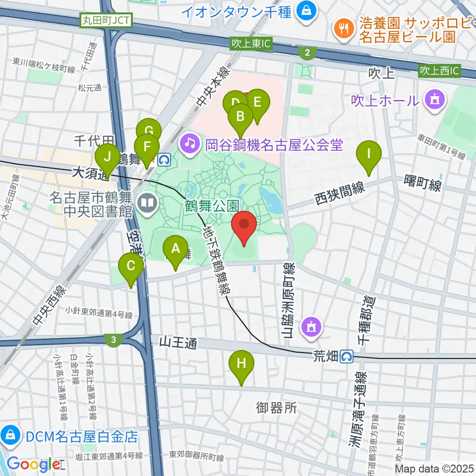 鶴舞公園野球場周辺のコンビニエンスストア一覧地図