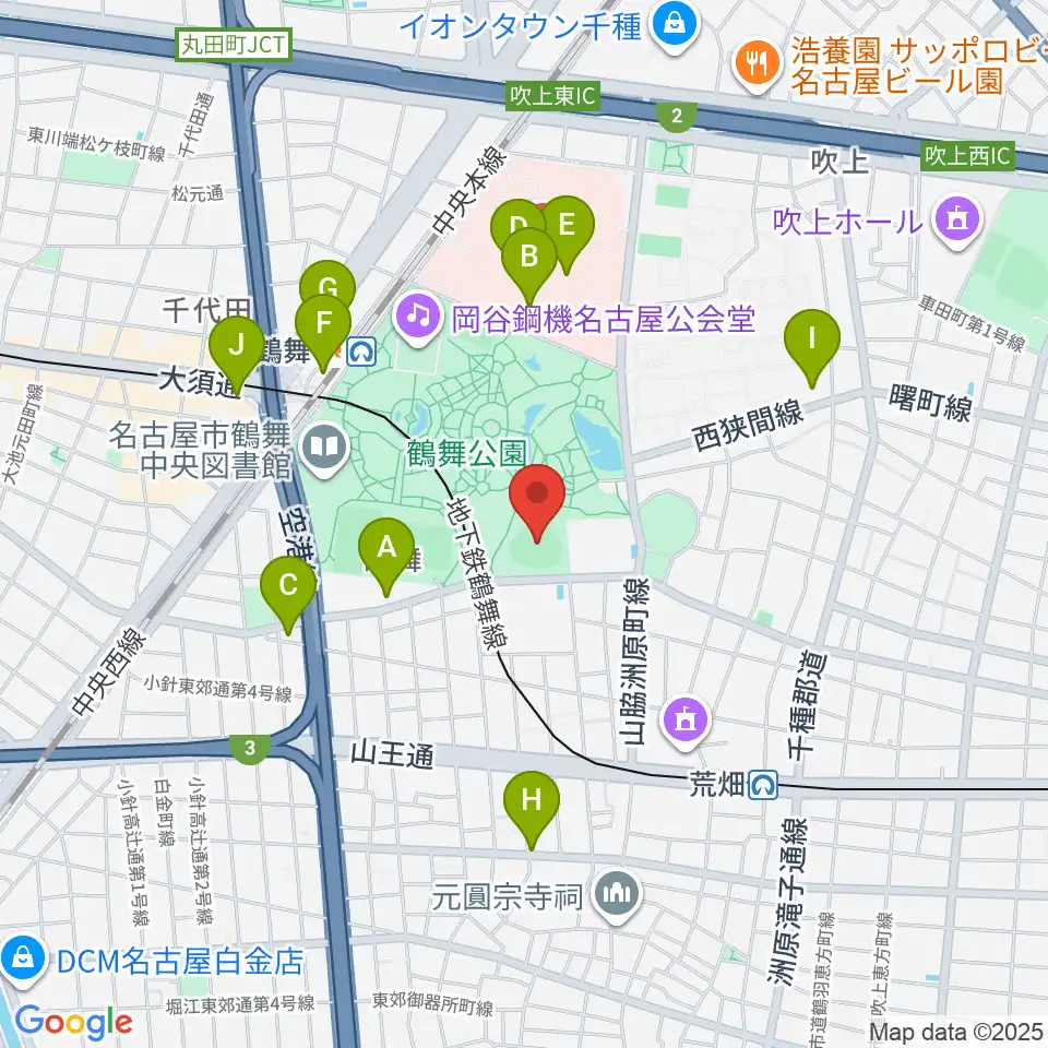 鶴舞公園野球場周辺のコンビニエンスストア一覧地図