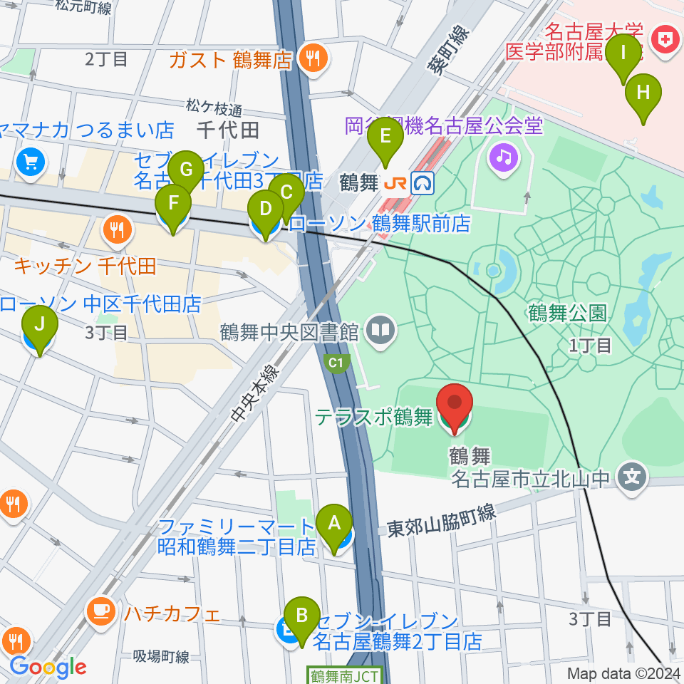 テラスポ鶴舞周辺のコンビニエンスストア一覧地図