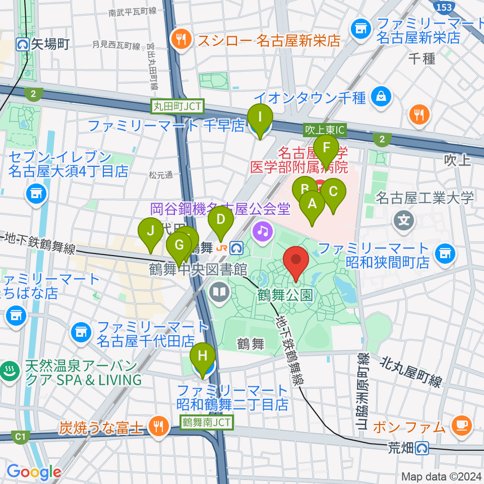 鶴舞公園奏楽堂周辺のコンビニエンスストア一覧地図