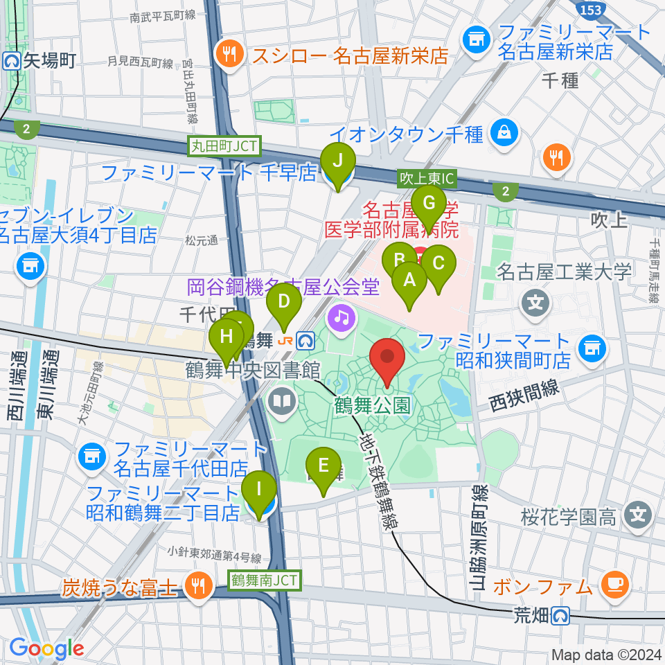 鶴舞公園奏楽堂周辺のコンビニエンスストア一覧地図