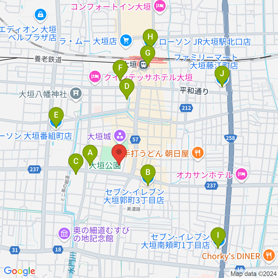 大垣城ホール周辺のコンビニエンスストア一覧地図