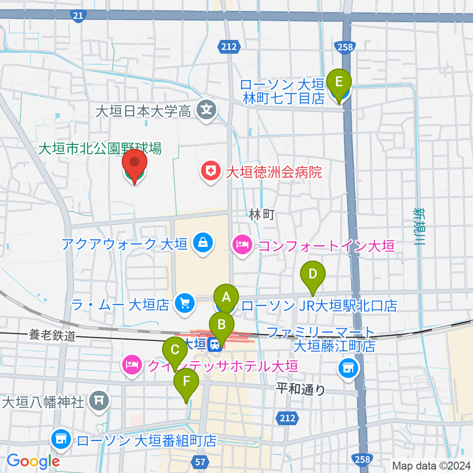 大垣市北公園野球場周辺のコンビニエンスストア一覧地図