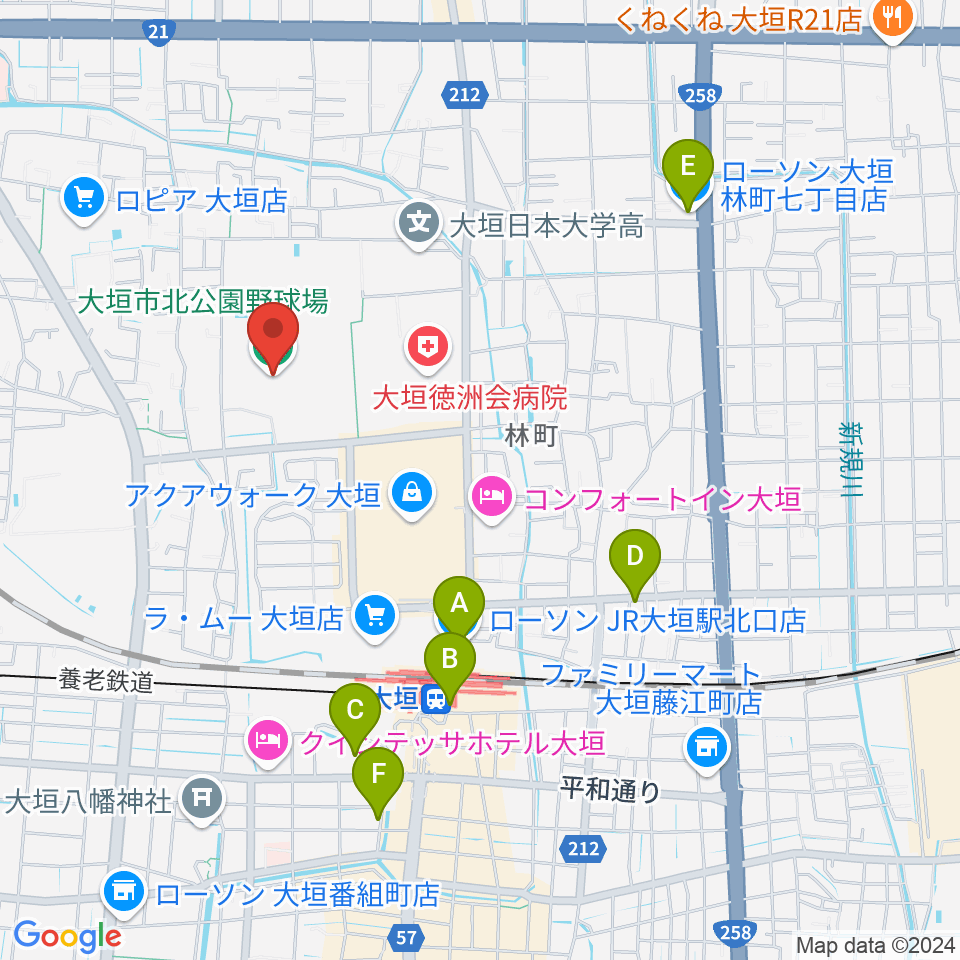 大垣市北公園野球場周辺のコンビニエンスストア一覧地図