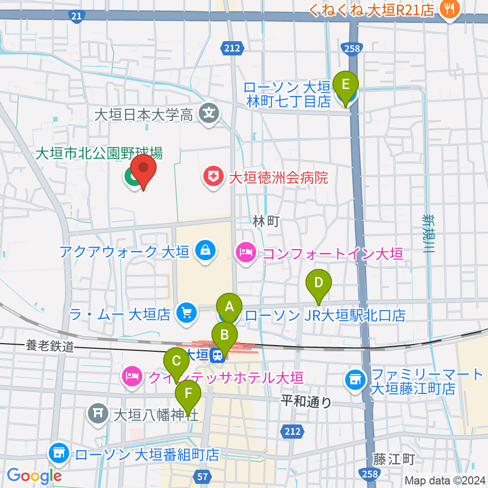 大垣市北公園陸上競技場周辺のコンビニエンスストア一覧地図