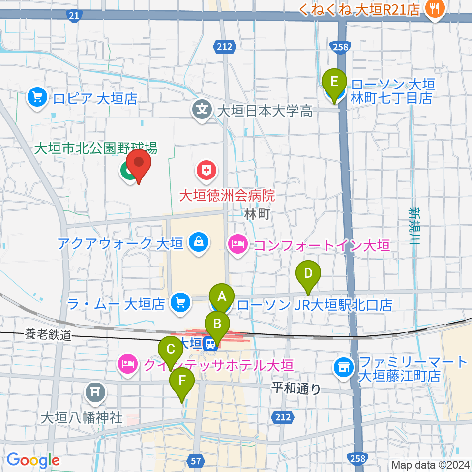 大垣市北公園陸上競技場周辺のコンビニエンスストア一覧地図