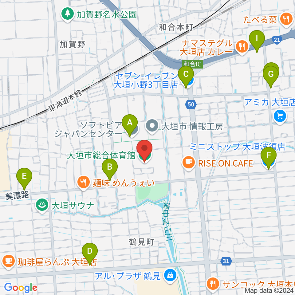 大垣市総合体育館周辺のコンビニエンスストア一覧地図