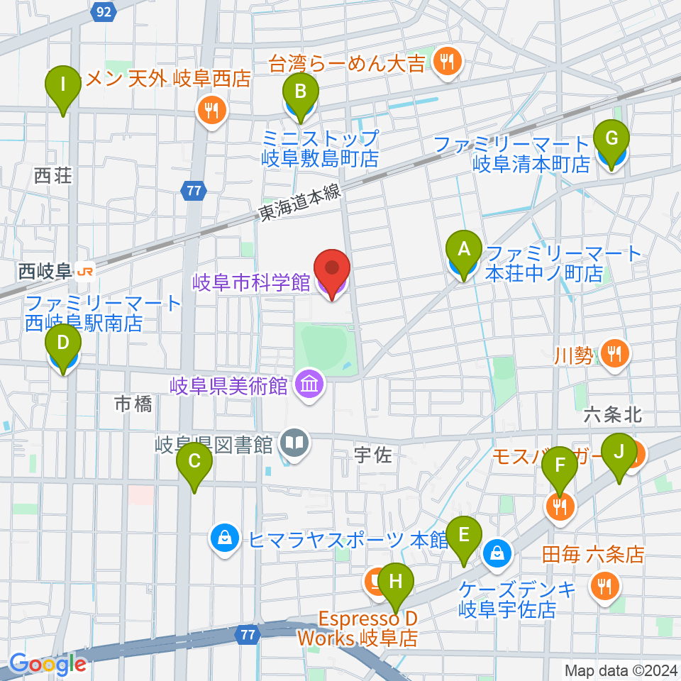 岐阜市科学館周辺のコンビニエンスストア一覧地図