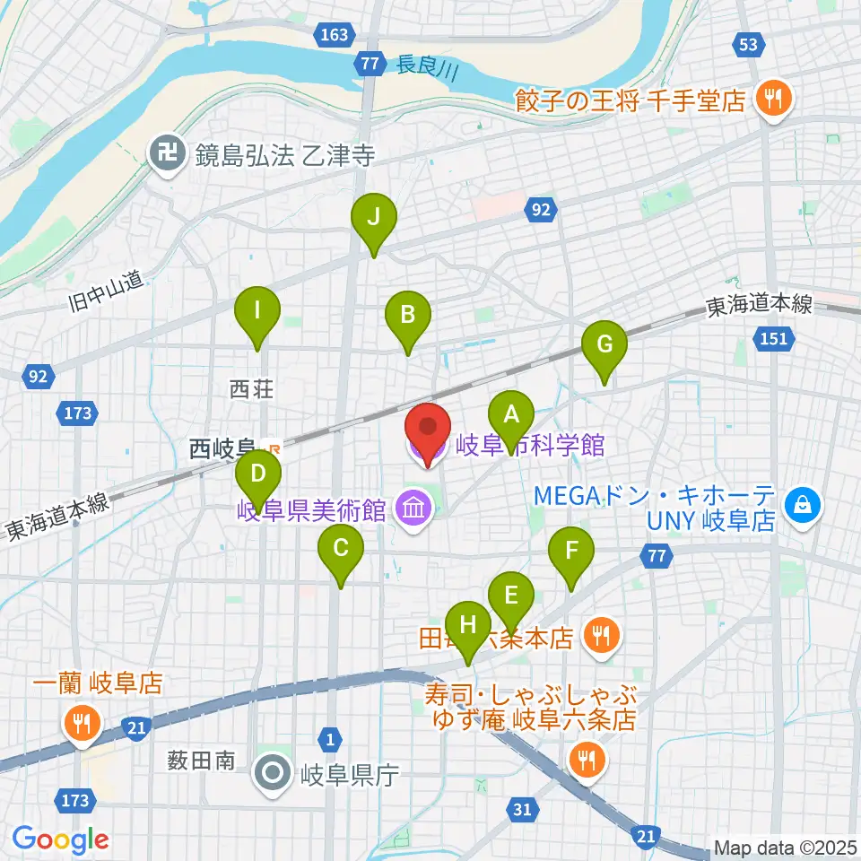 岐阜市科学館周辺のコンビニエンスストア一覧地図