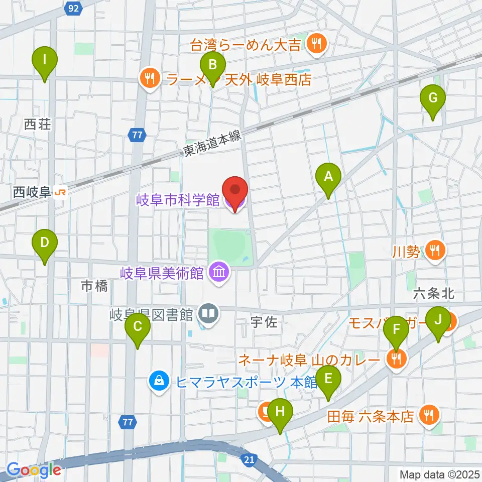 岐阜市科学館周辺のコンビニエンスストア一覧地図