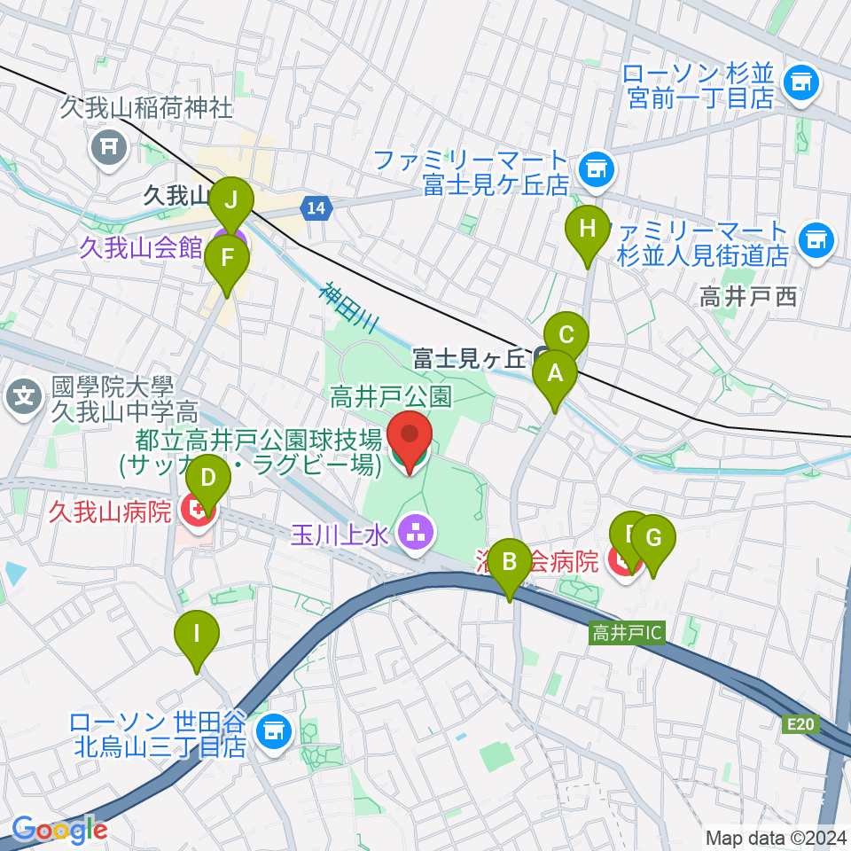 高井戸公園球技場周辺のコンビニエンスストア一覧地図