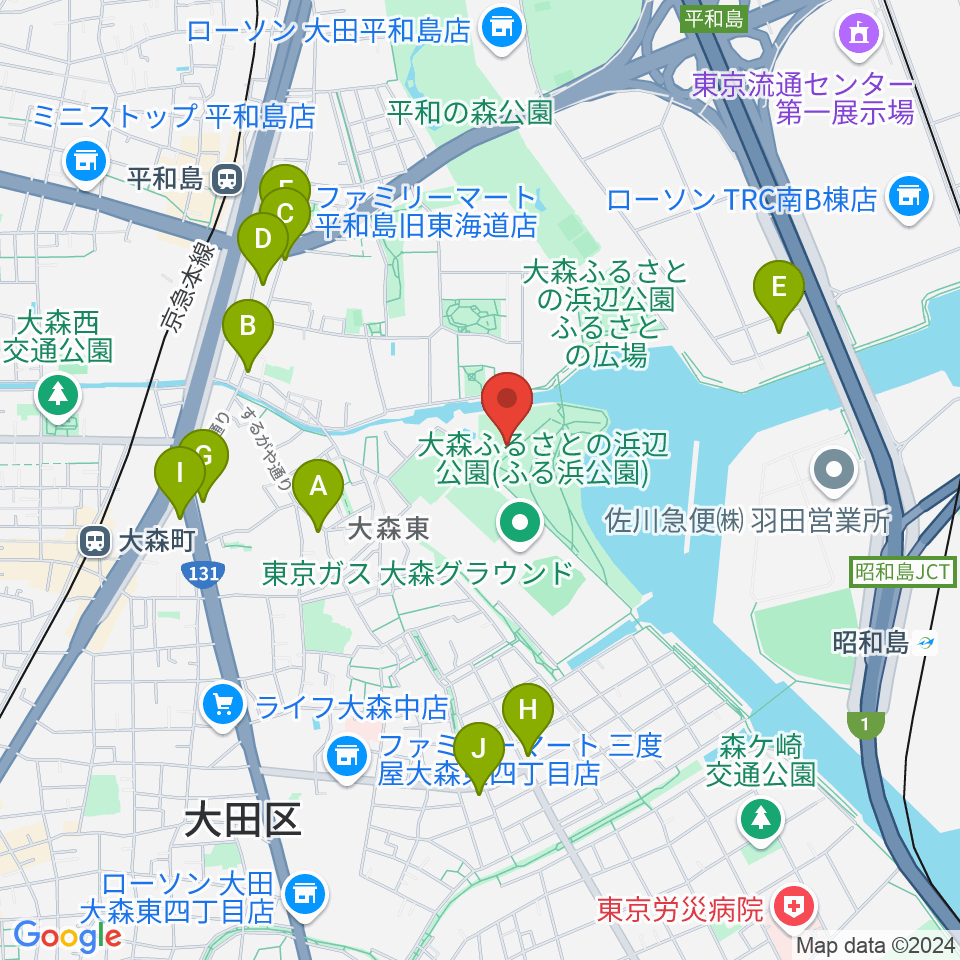 大森ふるさとの浜辺公園 多目的スポーツ場周辺のコンビニエンスストア一覧地図