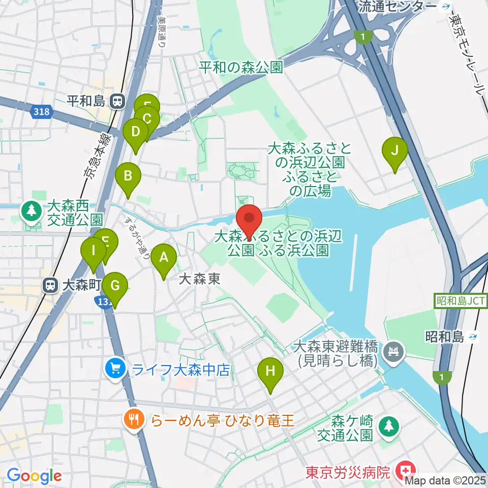 大森ふるさとの浜辺公園フットサル場周辺のコンビニエンスストア一覧地図