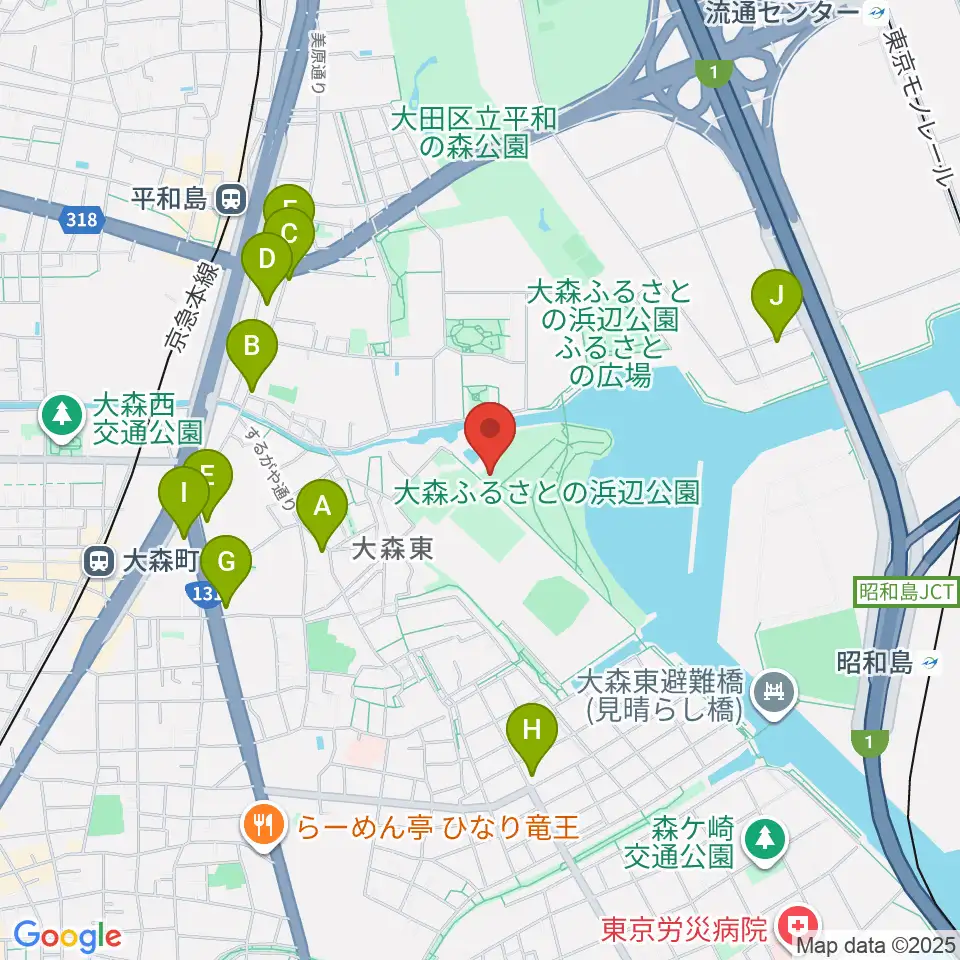 大森ふるさとの浜辺公園フットサル場周辺のコンビニエンスストア一覧地図