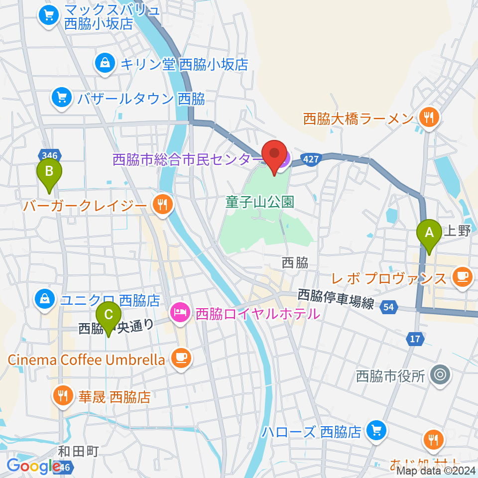 西脇市総合市民センター周辺のコンビニエンスストア一覧地図