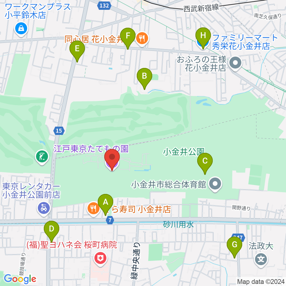 江戸東京たてもの園周辺のコンビニエンスストア一覧地図