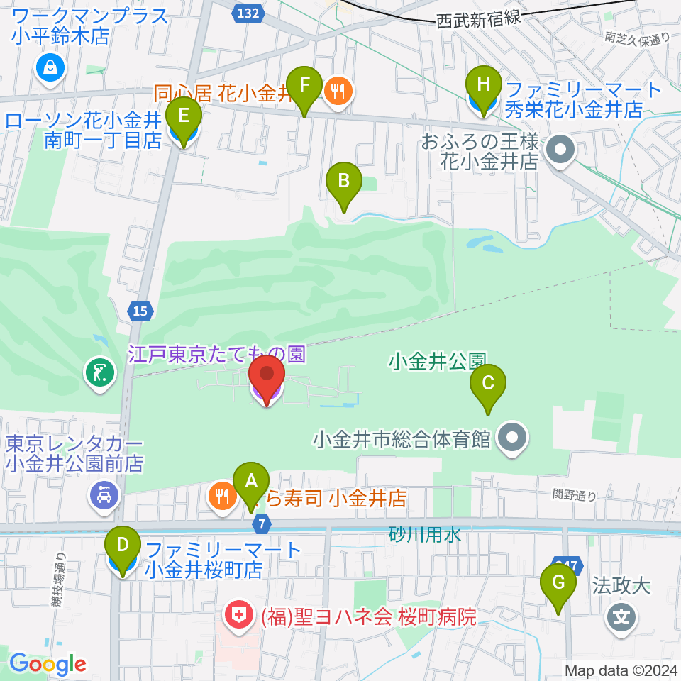 江戸東京たてもの園周辺のコンビニエンスストア一覧地図