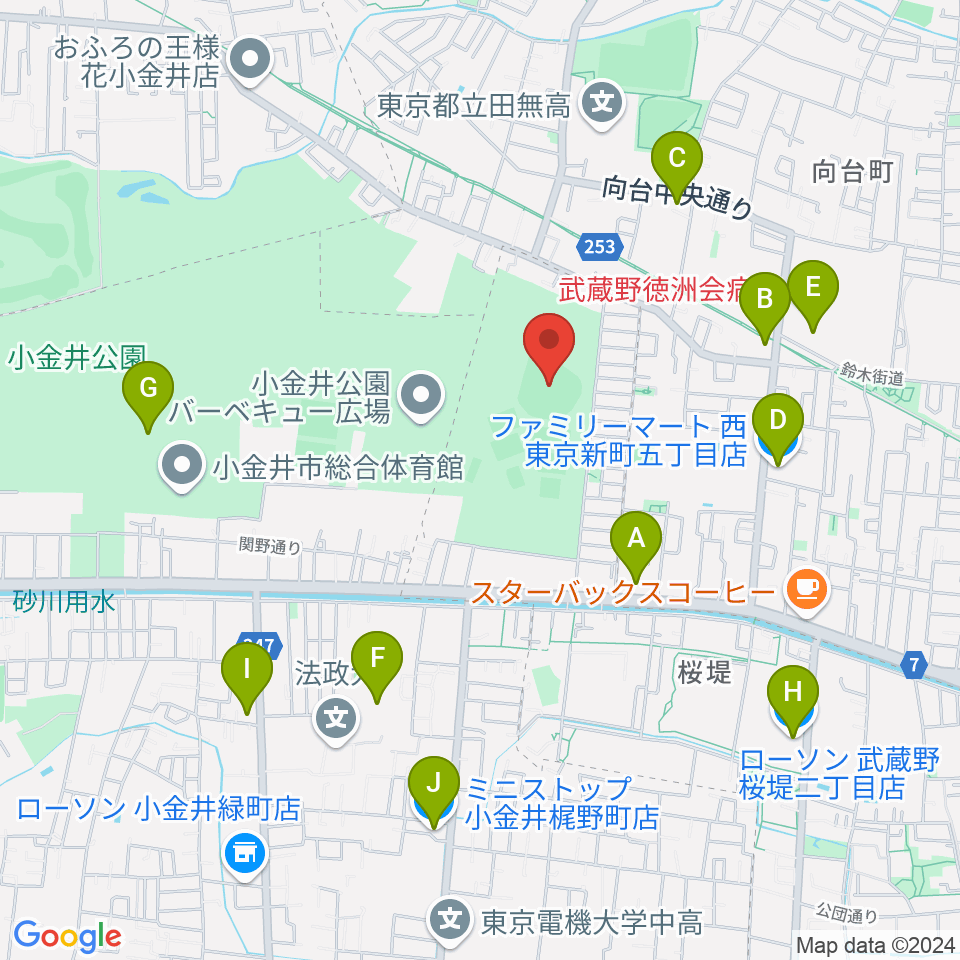 小金井公園野球場周辺のコンビニエンスストア一覧地図