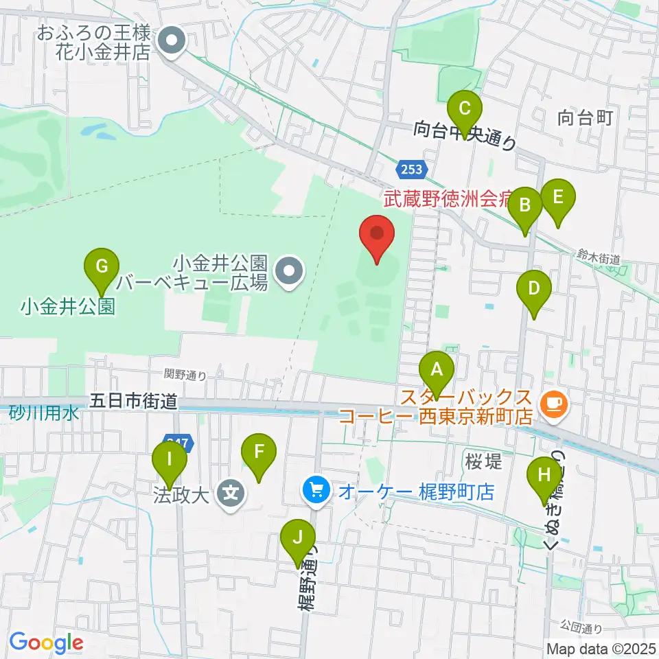 小金井公園野球場周辺のコンビニエンスストア一覧地図