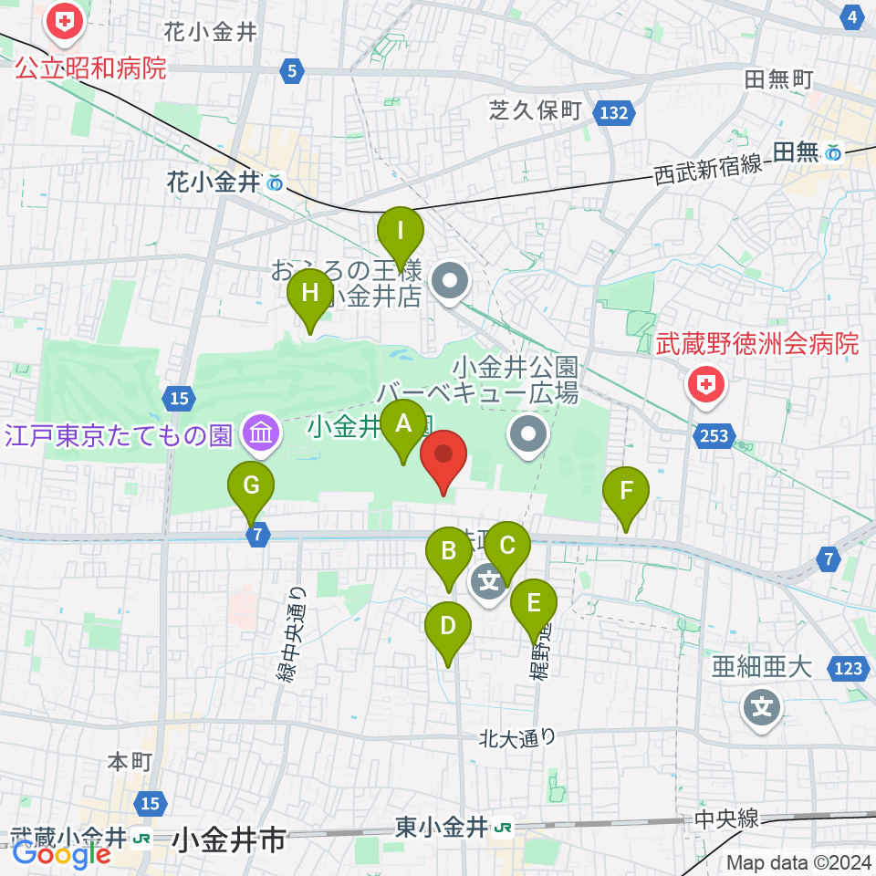 小金井公園弓道場周辺のコンビニエンスストア一覧地図