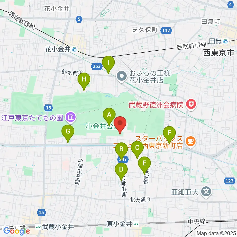小金井公園弓道場周辺のコンビニエンスストア一覧地図