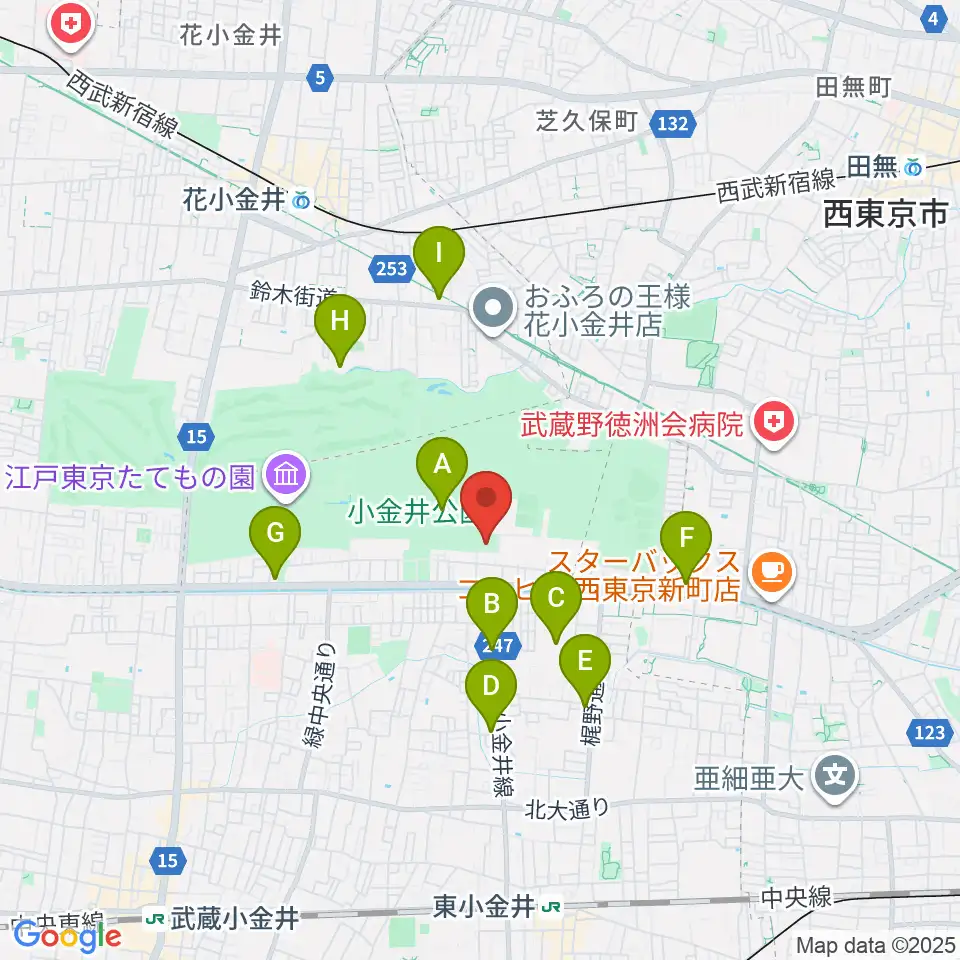 小金井公園弓道場周辺のコンビニエンスストア一覧地図