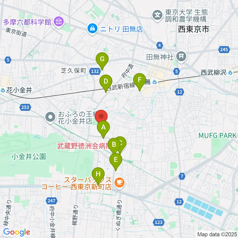 西東京市市民公園グラウンド周辺のコンビニエンスストア一覧地図