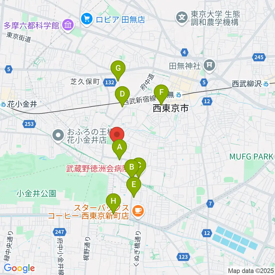 西東京市市民公園グラウンド周辺のコンビニエンスストア一覧地図