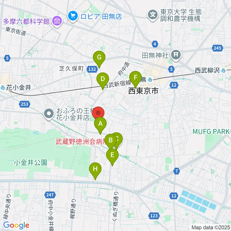 西東京市市民公園グラウンド周辺のコンビニエンスストア一覧地図