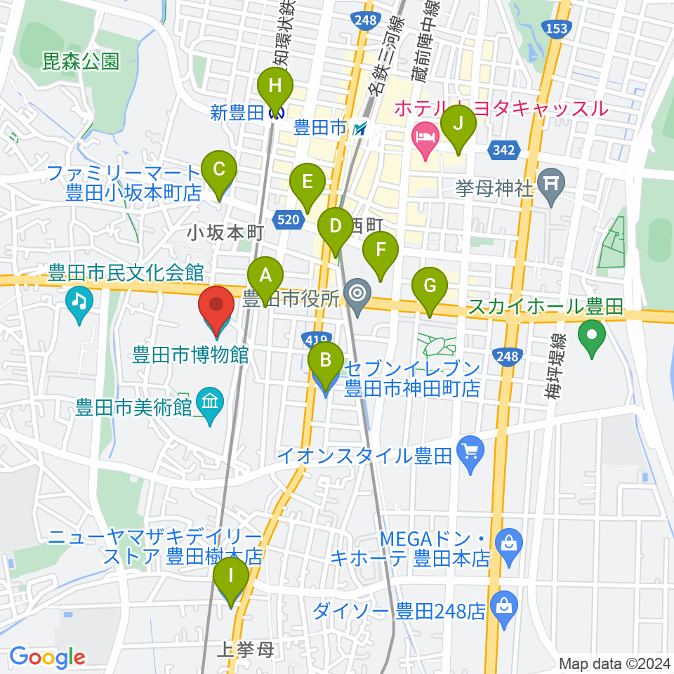 豊田市博物館周辺のコンビニエンスストア一覧地図