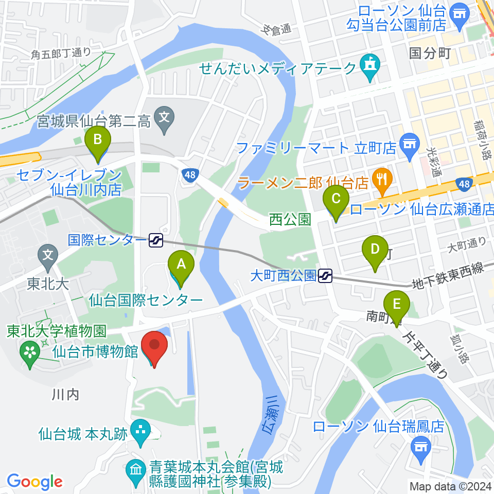 仙台市博物館周辺のコンビニエンスストア一覧地図