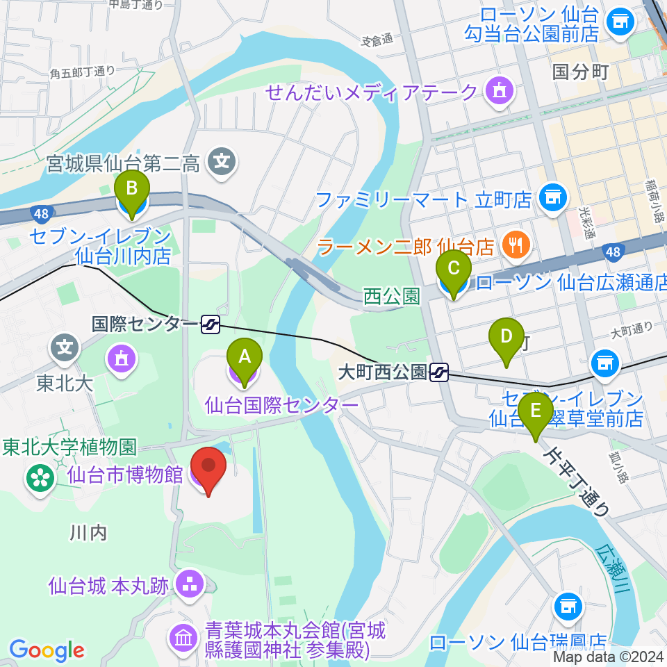 仙台市博物館周辺のコンビニエンスストア一覧地図