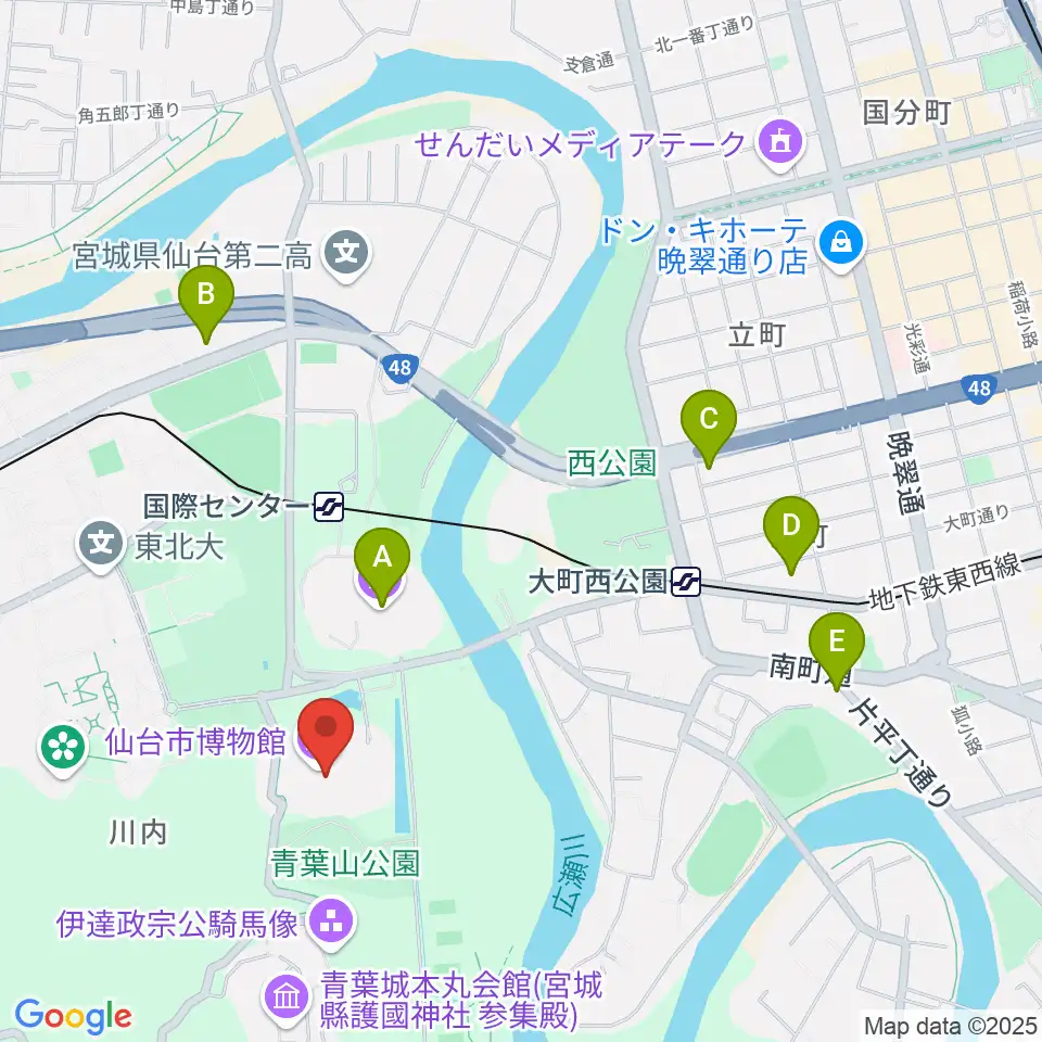 仙台市博物館周辺のコンビニエンスストア一覧地図