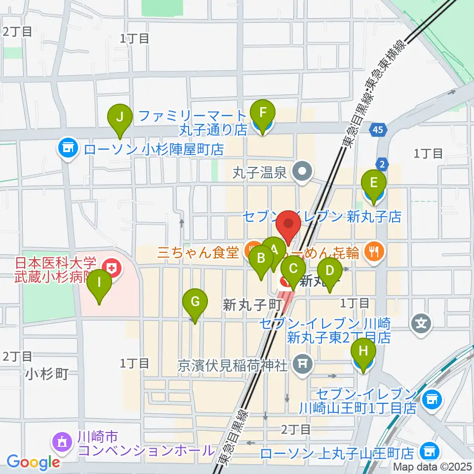 スタジオミュジック 新丸子店周辺のコンビニエンスストア一覧地図