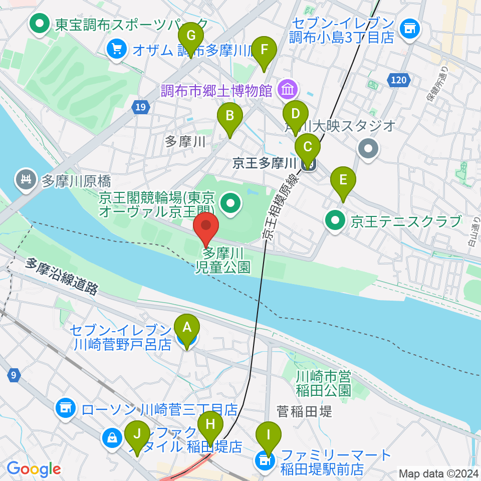 多摩川児童公園少年野球場周辺のコンビニエンスストア一覧地図