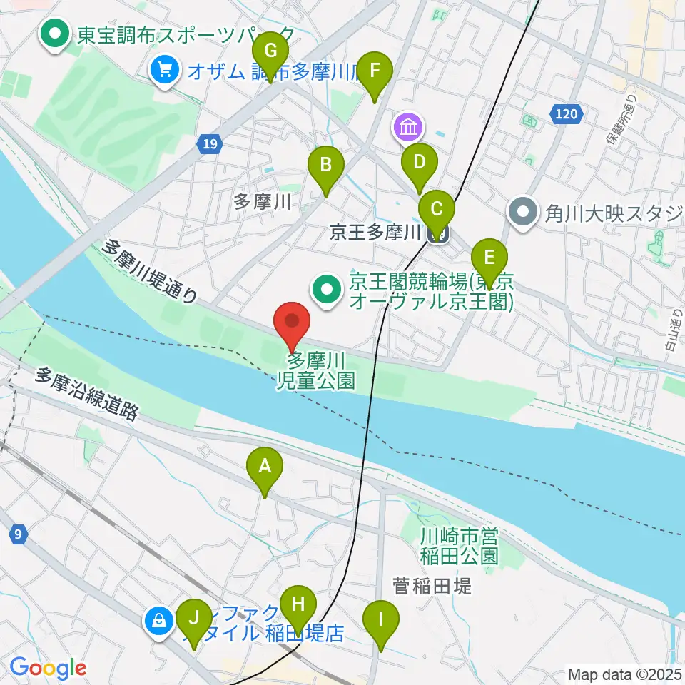 多摩川児童公園少年野球場周辺のコンビニエンスストア一覧地図