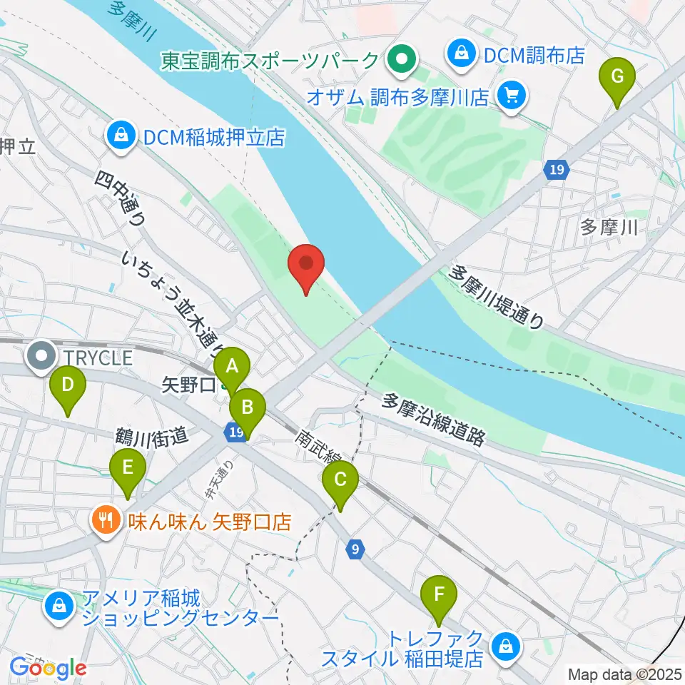 多摩川緑地公園野球場周辺のコンビニエンスストア一覧地図