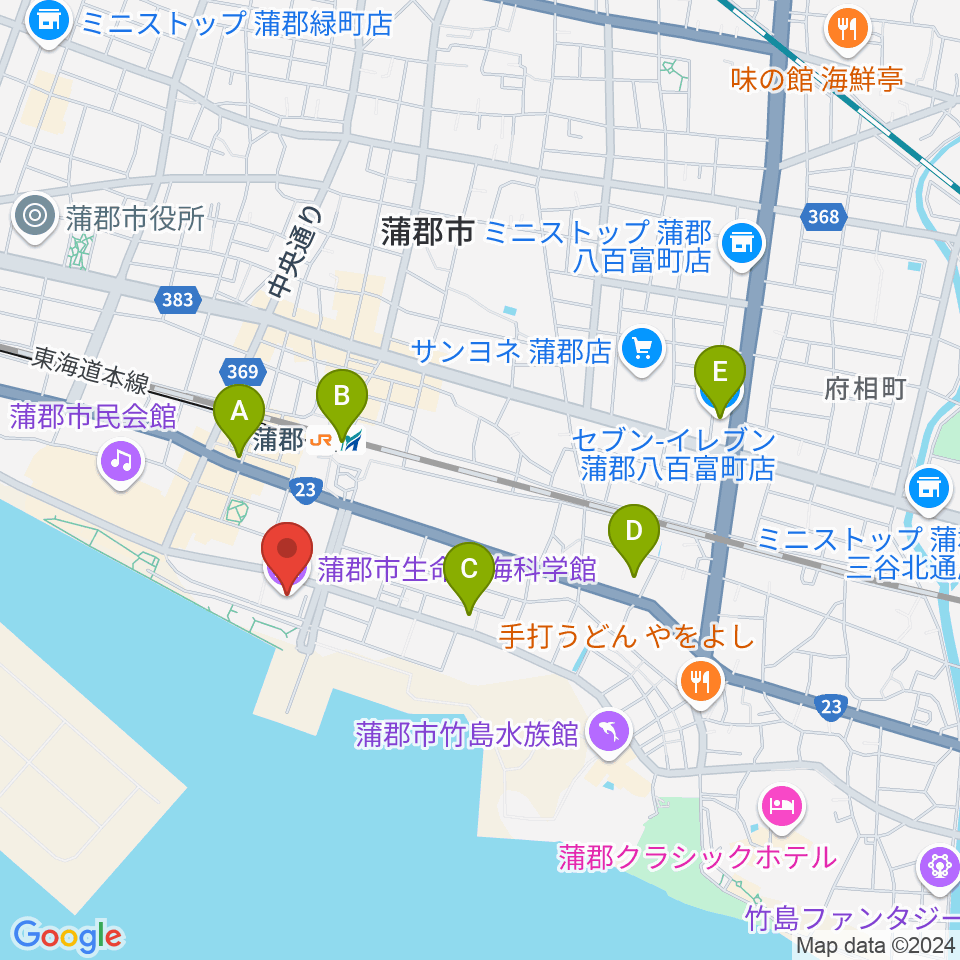 蒲郡市生命の海科学館周辺のコンビニエンスストア一覧地図