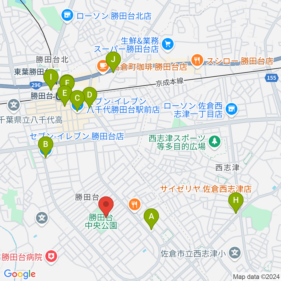 勝田台中央公園小体育館周辺のコンビニエンスストア一覧地図