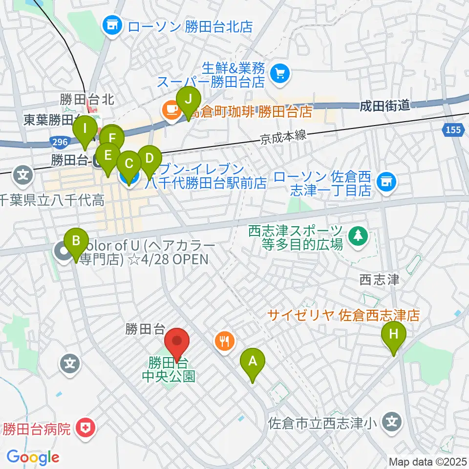 勝田台中央公園小体育館周辺のコンビニエンスストア一覧地図