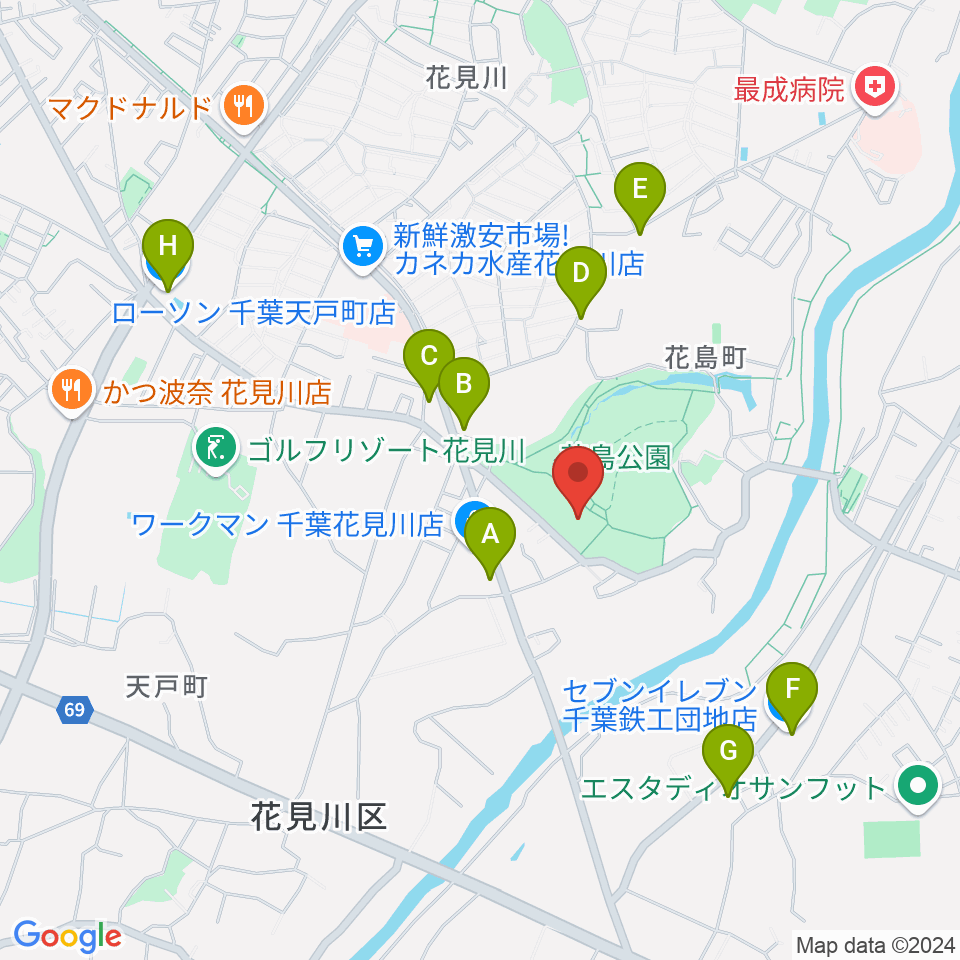 花島公園スポーツ施設周辺のコンビニエンスストア一覧地図