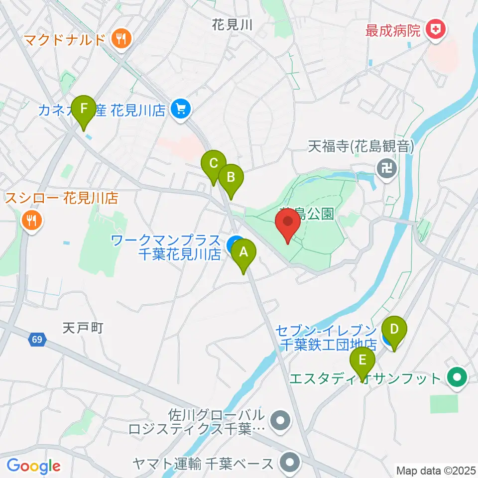 花島公園スポーツ施設周辺のコンビニエンスストア一覧地図
