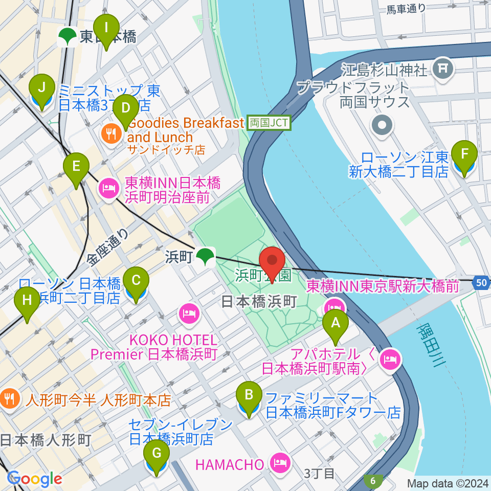 中央区立総合スポーツセンター周辺のコンビニエンスストア一覧地図